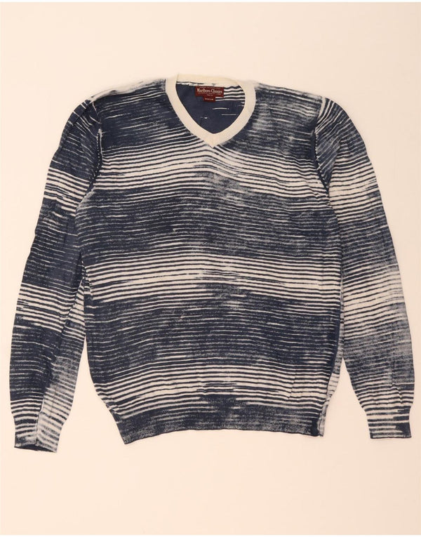 Marlboro Classics Mens V-Neck Jumper Sweater Medium Navy Blue Pinstripe