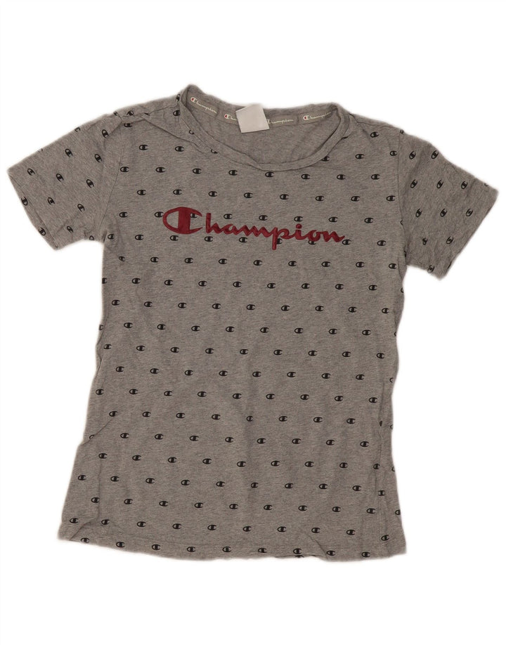 CHAMPION Dame Grafisk T-Shirt Top UK 12 Medium Grå Bomuld