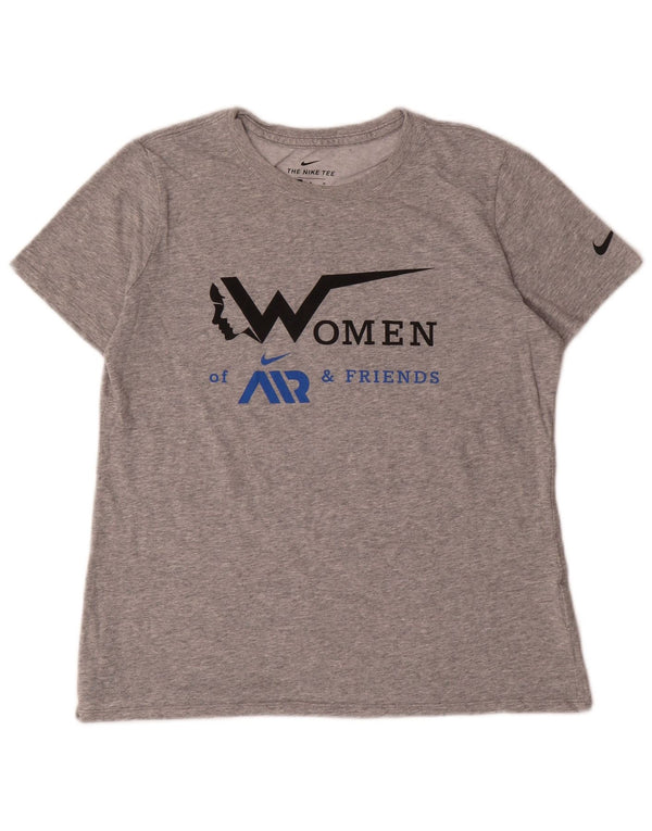 NIKE Dame Dri Fit Grafisk T-Shirt Top UK 14 Medium Grey Bomuld