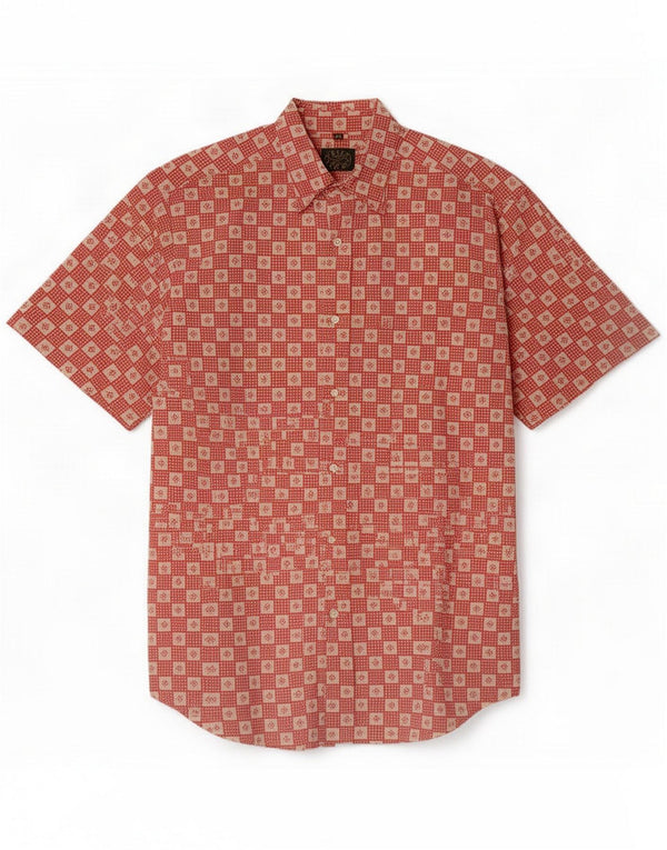 Green Leaves Mens Short Sleeve Shirt Medium Red Geometric Cotton