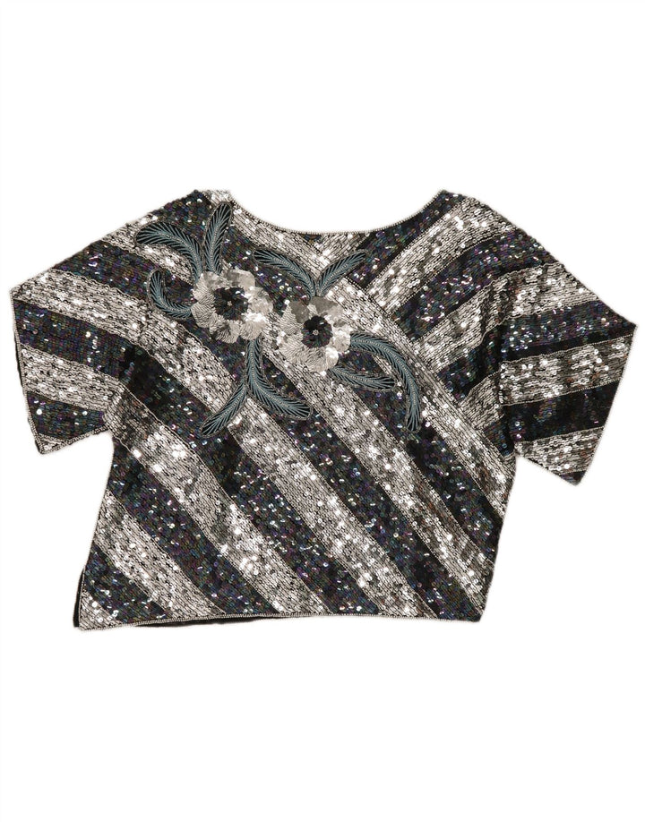 Vintage Kvinders Crop Grafisk Bluse Top EU 40 Medium Sort Stribet Silke