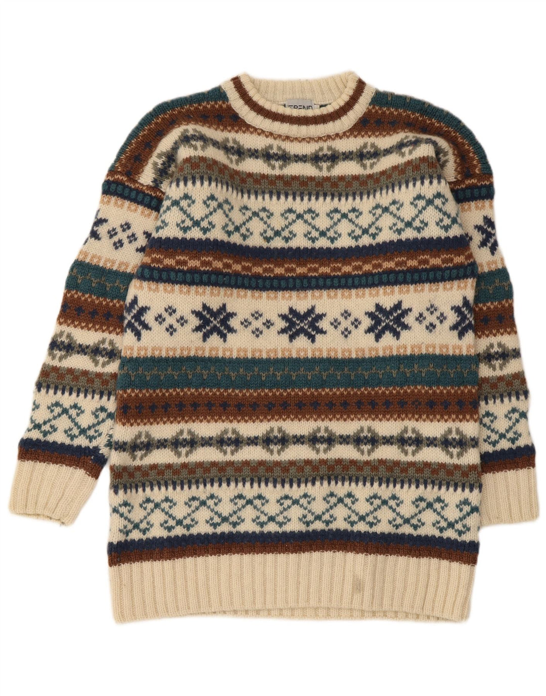 Vintage trøje med rund hals til mænd Medium Beige Fair Isle Wool