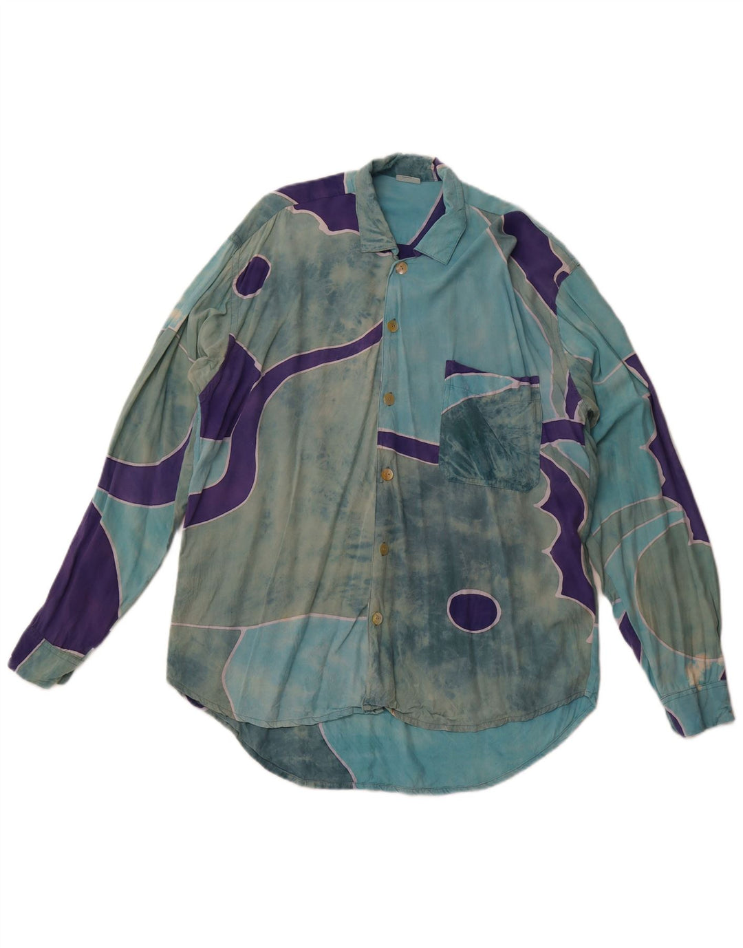 VINTAGE abstrakt mønsterskjorte til mænd XL blå rayon