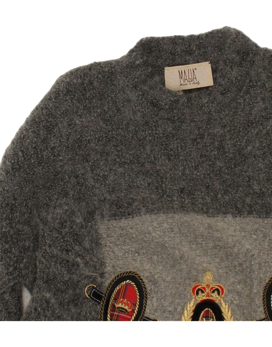 MAGIA Womens Graphic Crew Neck Jumper Sweater UK 16 Large Grey Vintage Magia and Second-Hand Magia from Messina Hembry 