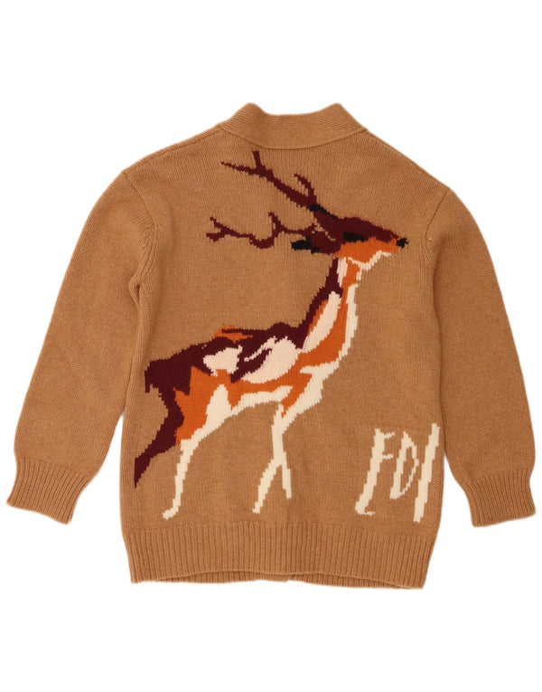 Vintage Womens Graphic Cardigan Sweater UK 6 XS Brown Animal Print