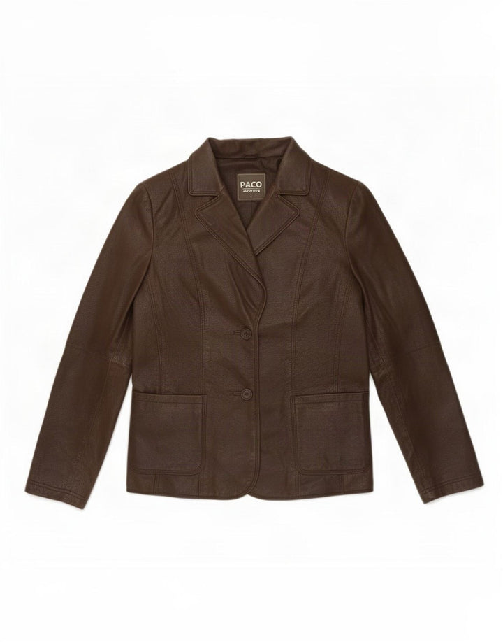 Paco Dame 2 Knaps Læder Blazer Jakke UK 16 Stor Brun