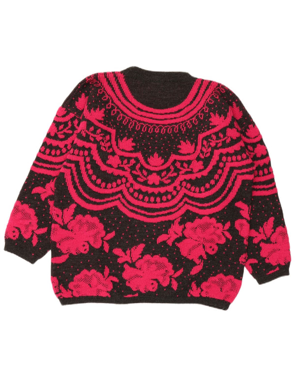 Vintage Dame Boat Neck Jumper Sweater UK 14 Large Black Floral Wool