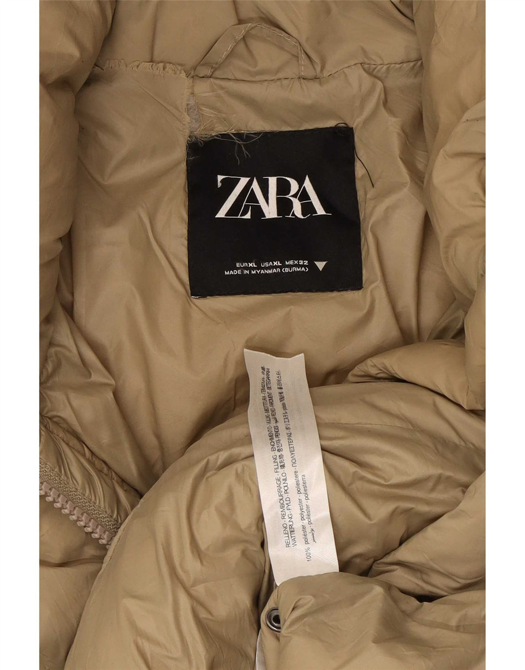 Zara Dame Hætte Oversized Polstret Frakke UK 18 XL Beige Polyester