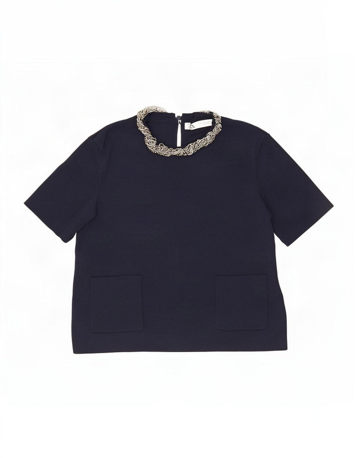 Zara Womens Crop Bluse Top UK 12 Medium Navy Blue Viscose