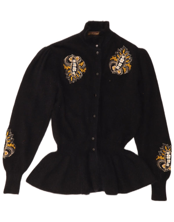Vintage Womens Cardigan Sweater UK 12 Medium Black Floral