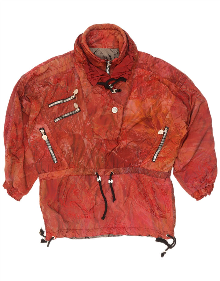 Vintage kvinders abstrakt mønster Loose Fit Anorak Jacket UK 44 2XL Rød