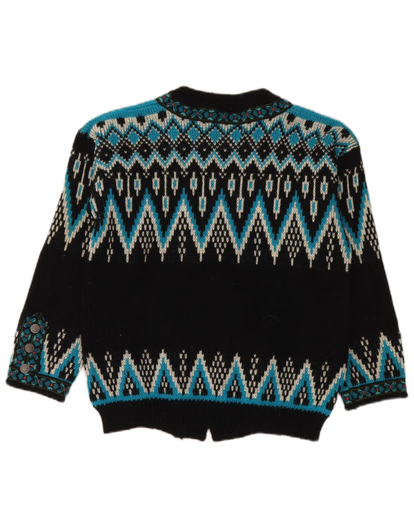 Vintage dame cardigan sweater UK 14 Medium Black Fair Isle Wool