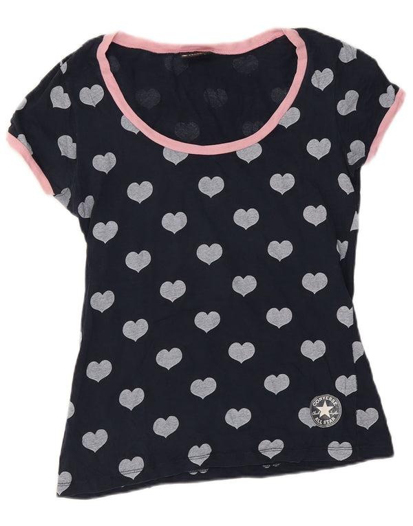Converse kvinders abstrakt mønster T-shirt top UK 12 Medium Navy Blue Heart