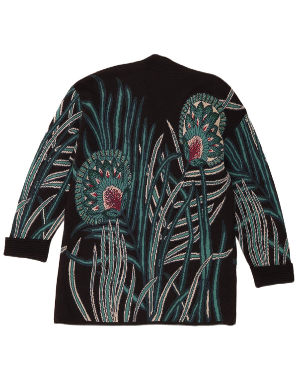 Vintage Dame Longline Åben Cardigan Sweater UK 16 Large Black Floral