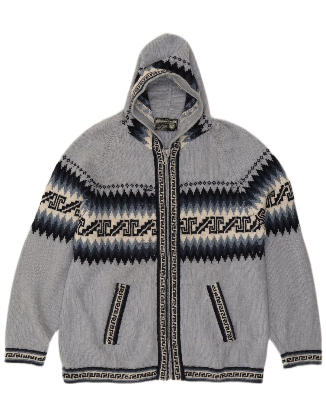 Dame hætte cardigan sweater UK 16 Large Blue Geometric