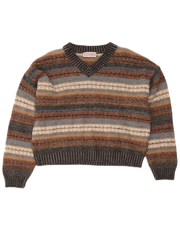 Stefanel Dame V-hals Jumper Sweater UK 14 Stor Flerfarvet Stribet