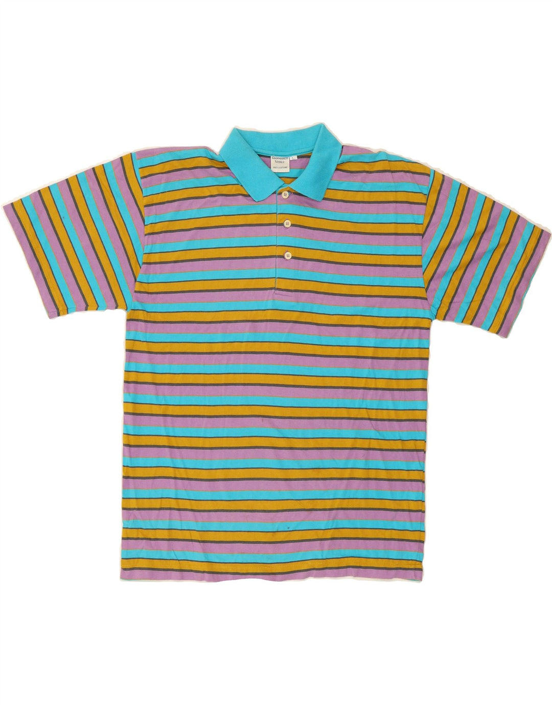 VINTAGE Mens Polo Shirt Large Multicoloured Striped Cotton Vintage Vintage and Second-Hand Vintage from Messina Hembry 