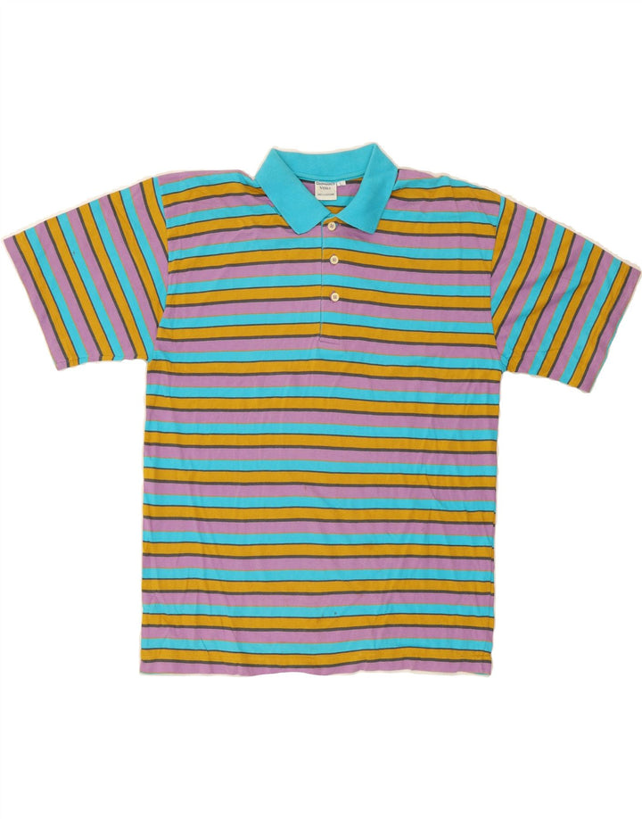 VINTAGE Mens Polo Shirt Large Multicoloured Striped Cotton Vintage Vintage and Second-Hand Vintage from Messina Hembry 
