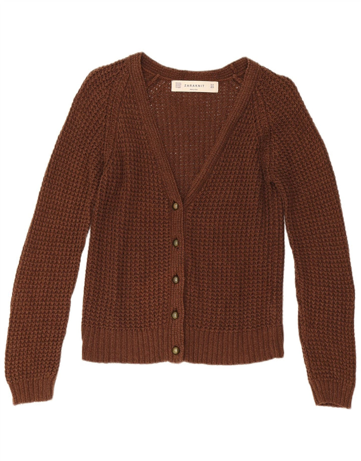 Zara Dame Cardigan Sweater UK 12 Medium Brun Bomuld