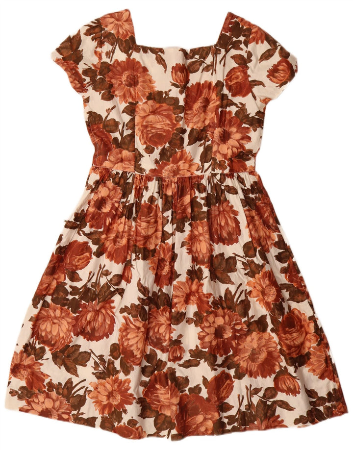 VINTAGE Dame A-Line Kjole UK 12 Medium Brown Floral