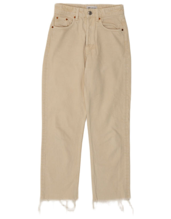 Zara Dame Højtaljede Straight Jeans EU 34 2XS W24 L26 Off White Bomuld