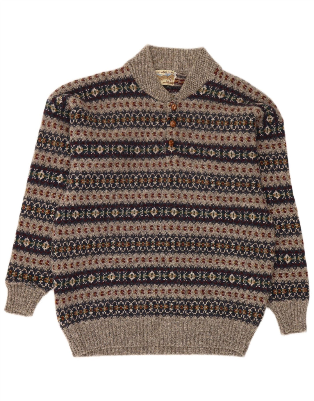 Highland Glen Herre Button Neck Jumper Sweater Medium Grey Fair Isle Wool