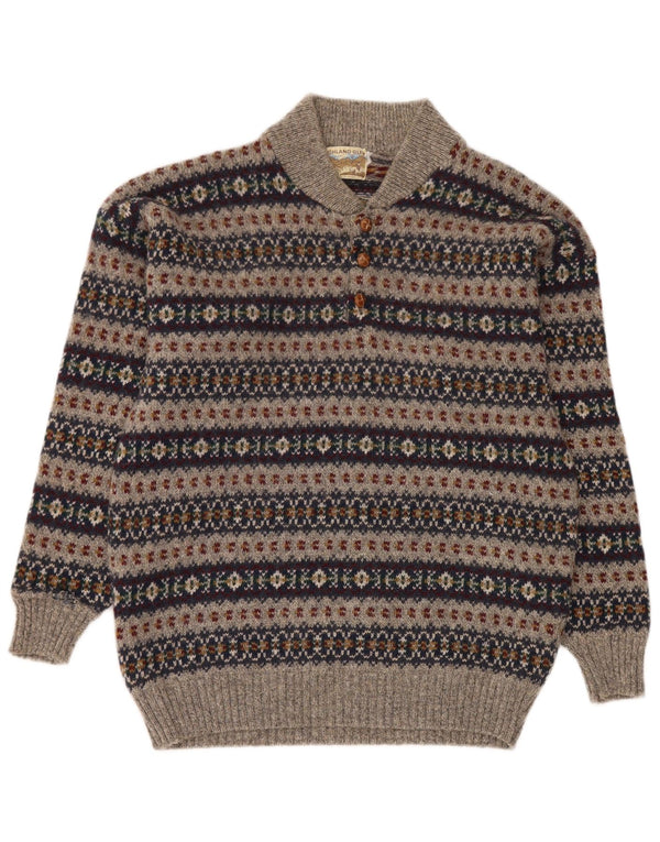 Highland Glen Herre Button Neck Jumper Sweater Medium Grey Fair Isle Wool
