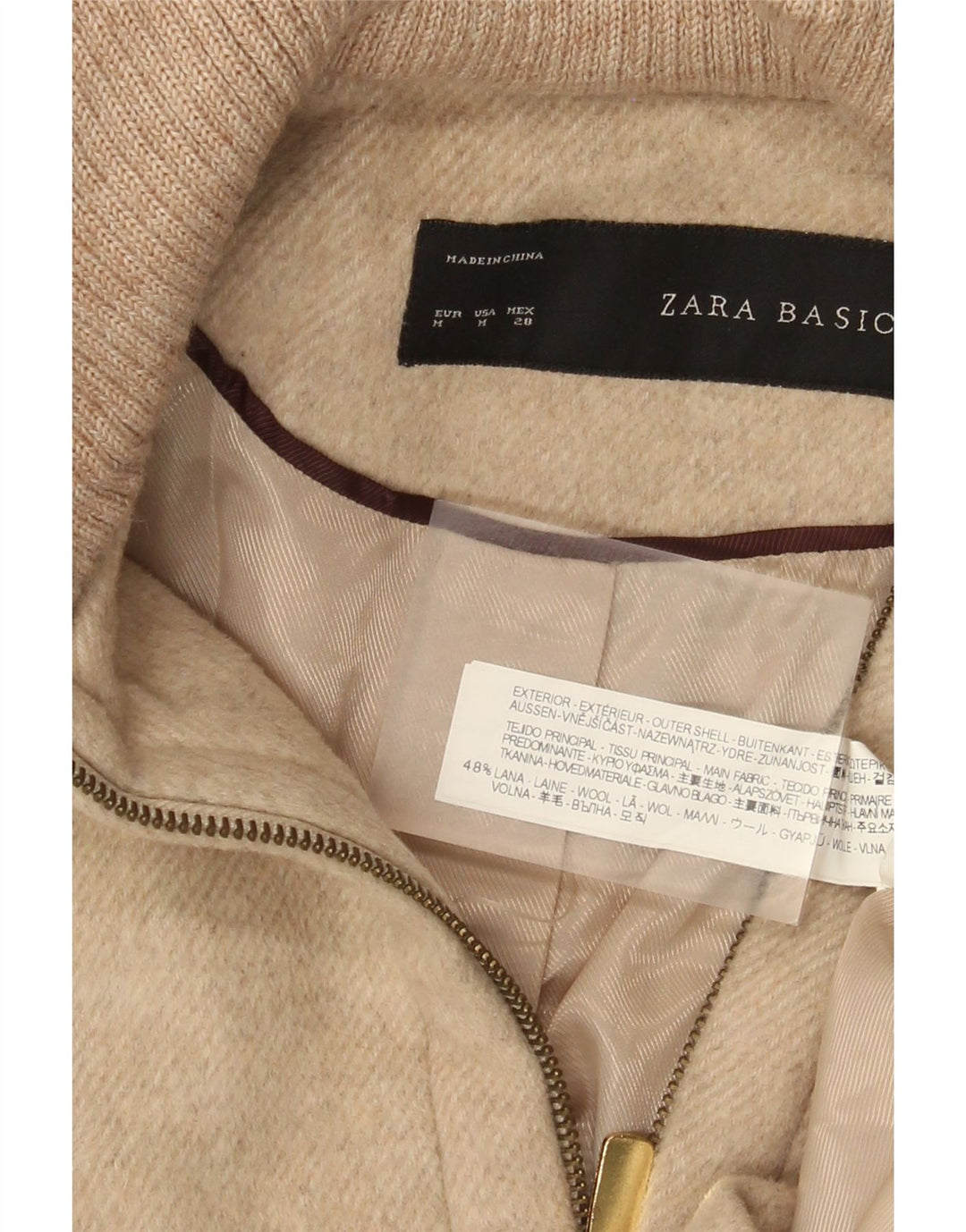 Zara Dame Hætte Overfrakke UK 12 Medium Beige Uld