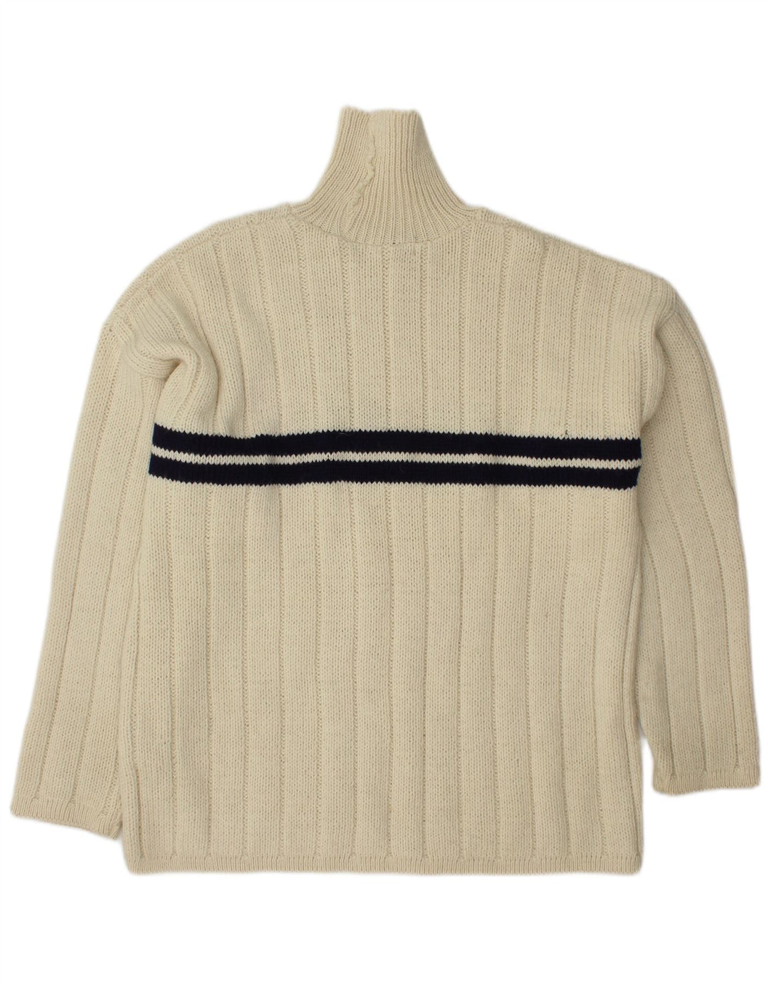 VINTAGE Herre Turtle Neck trøje Sweater Large Off White stribet uld
