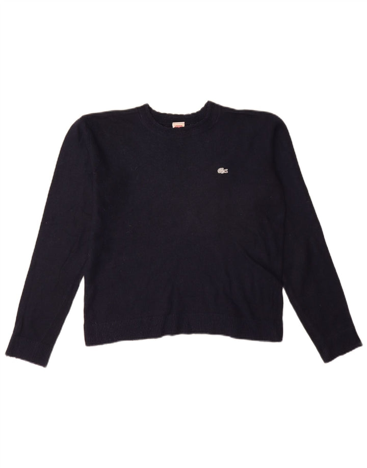 Lacoste Womens Crop Crew Neck Jumper Sweater UK 12 Medium Navy Blue Wool