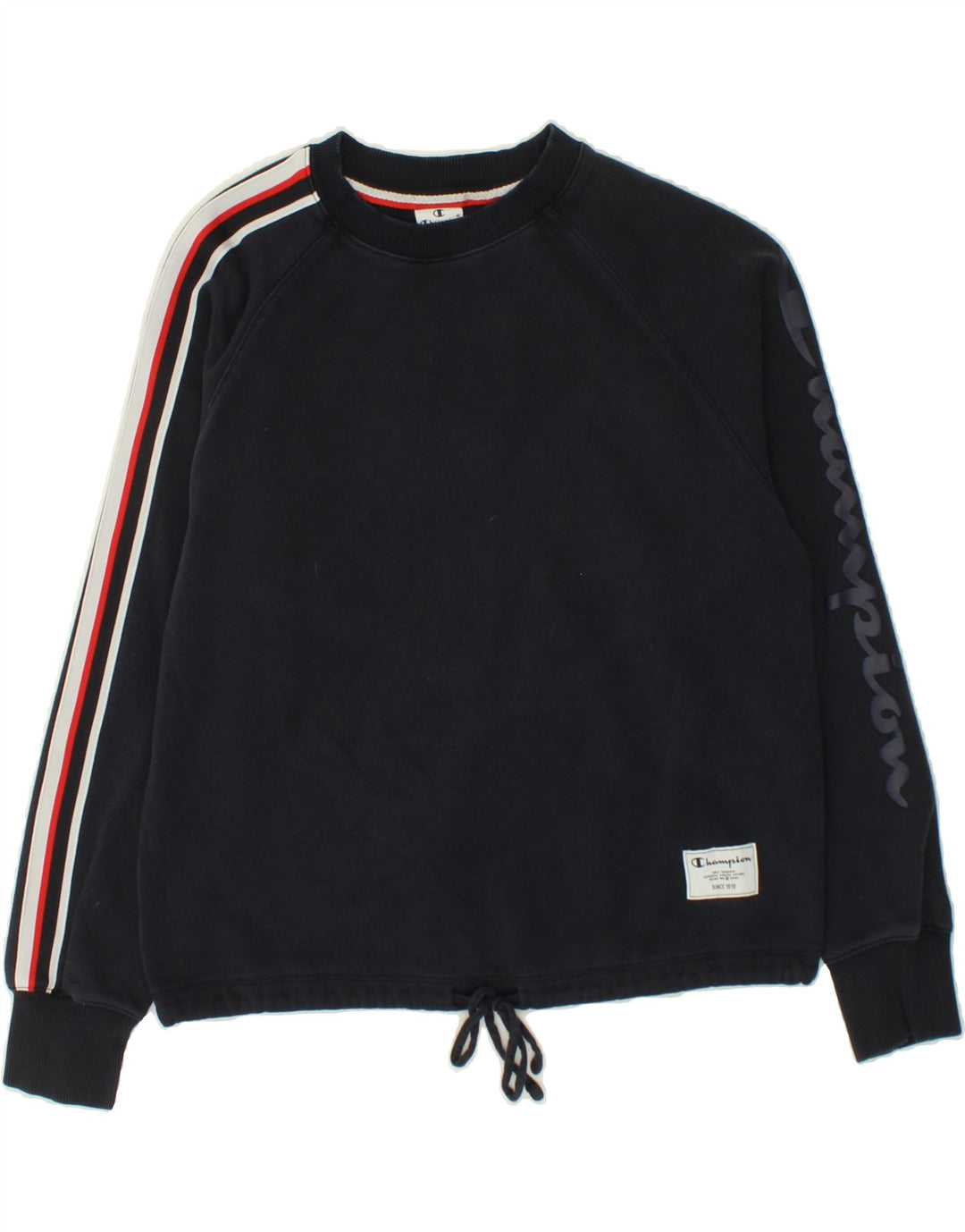CHAMPION Womens Graphic Sweatshirt Jumper UK 14 Medium Navy Blue Cotton Vintage Champion and Second-Hand Champion from Messina Hembry 