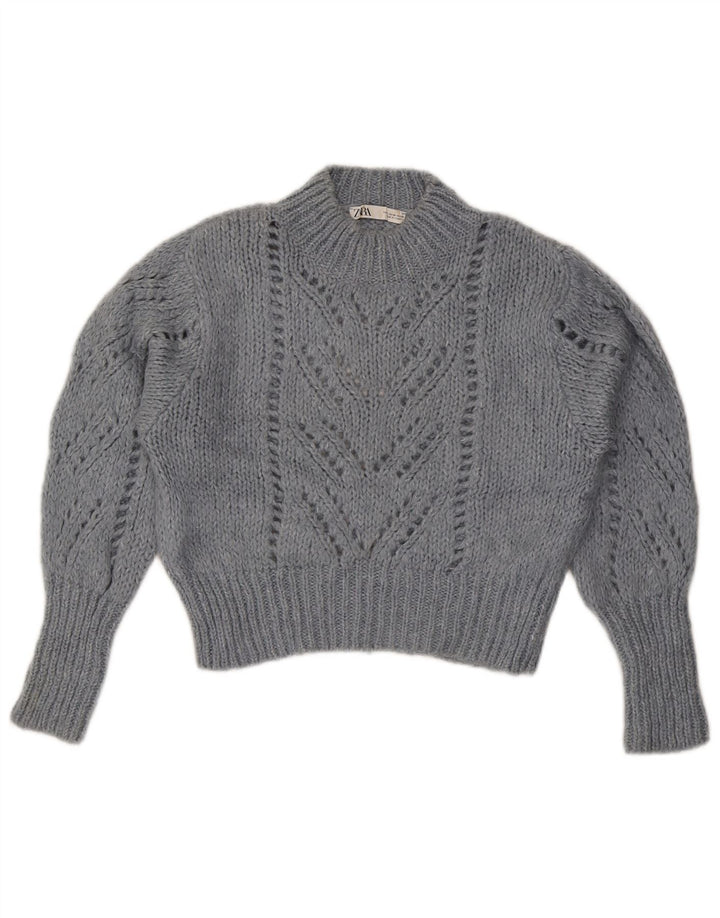 Zara Womens Crop Crew Neck Jumper Sweater UK 14 Medium Grå Akryl