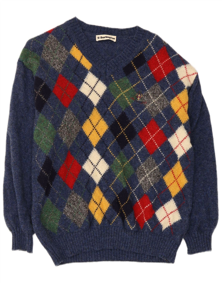 Burlington Herre V-hals sweater Medium Blue Argyle/Diamond New Wool