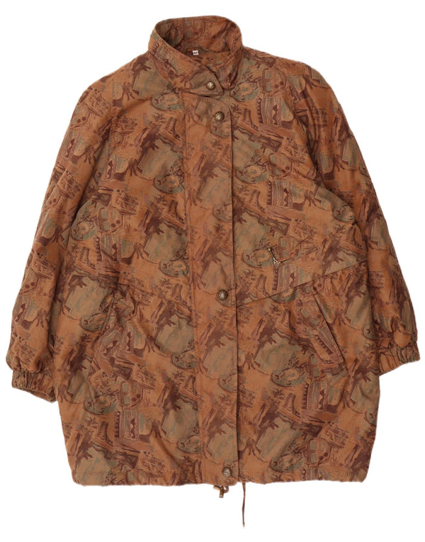 VINTAGE Dame Loose Fit abstrakt mønster regnfrakke EU 42 Large Brown