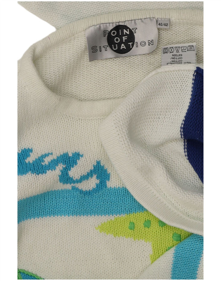 VINTAGE grafisk sweater med rund hals til kvinder EU 40 Medium hvid stribet