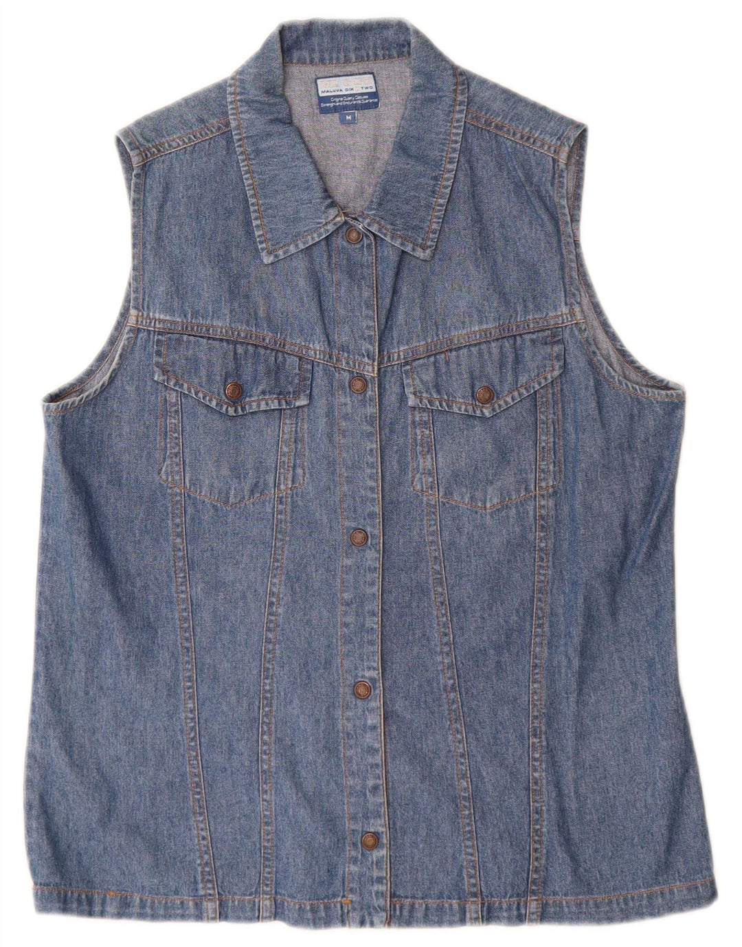 Vintage Dame ærmeløs denim skjorte UK 14 Medium Blue Cotton