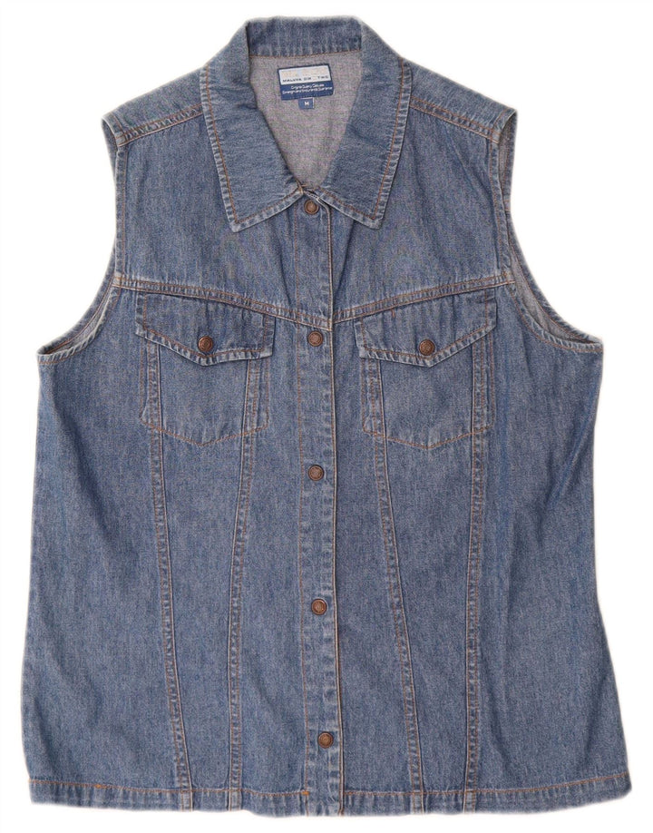 Vintage Dame ærmeløs denim skjorte UK 14 Medium Blue Cotton