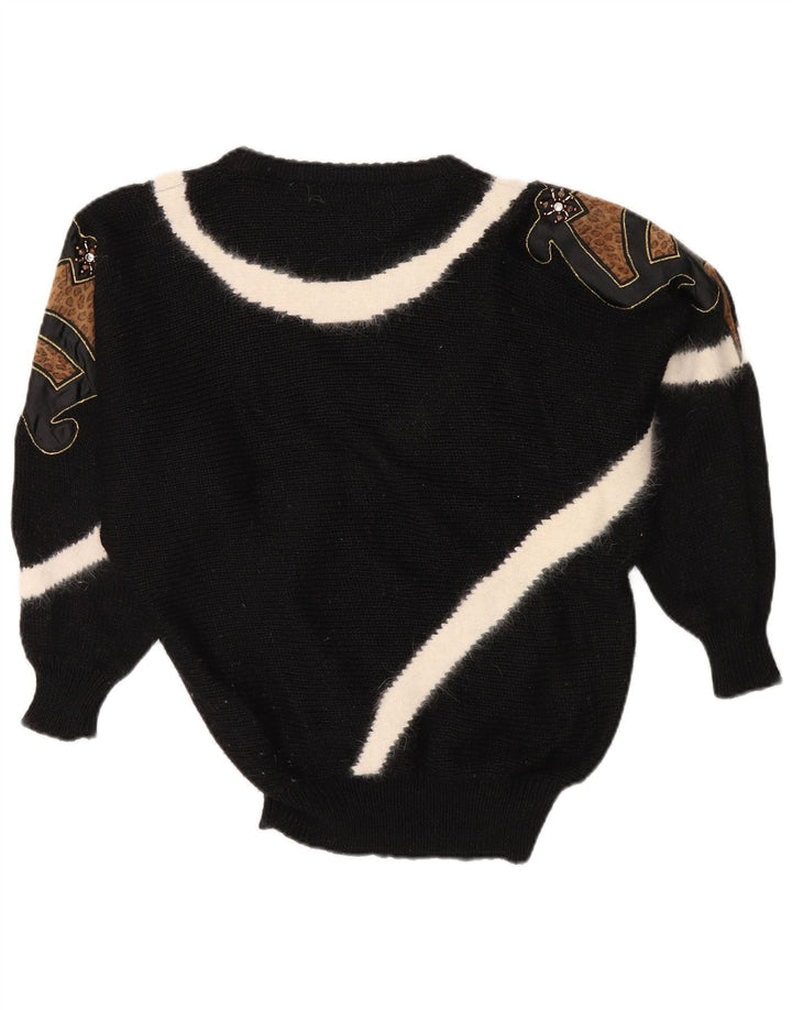 VINTAGE Dame sweater med rund hals EU 38 Medium Black Colourblock