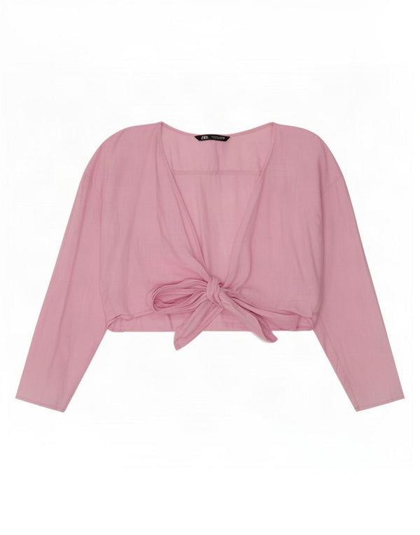 Zara Dame Langærmet Wrap Cardigan Top UK 14 Large Pink Linen
