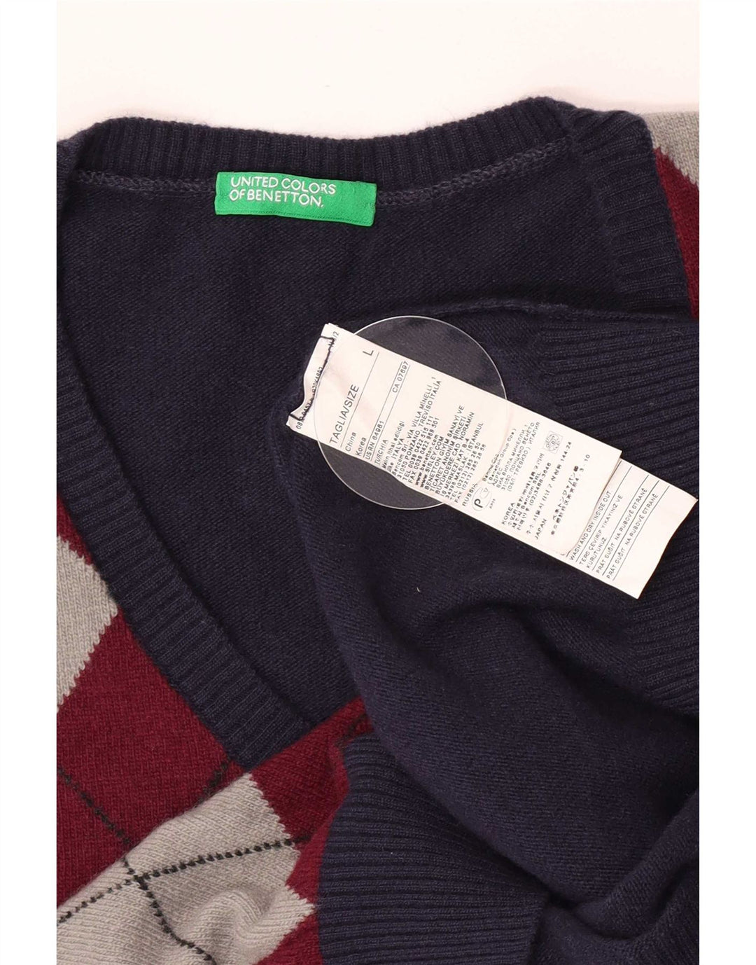Benetton Herre V-hals trøje Sweater Large Navy Blue Argyle/Diamond Wool