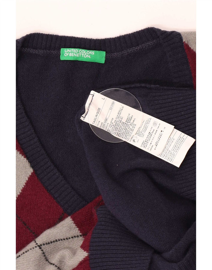 Benetton Herre V-hals trøje Sweater Large Navy Blue Argyle/Diamond Wool