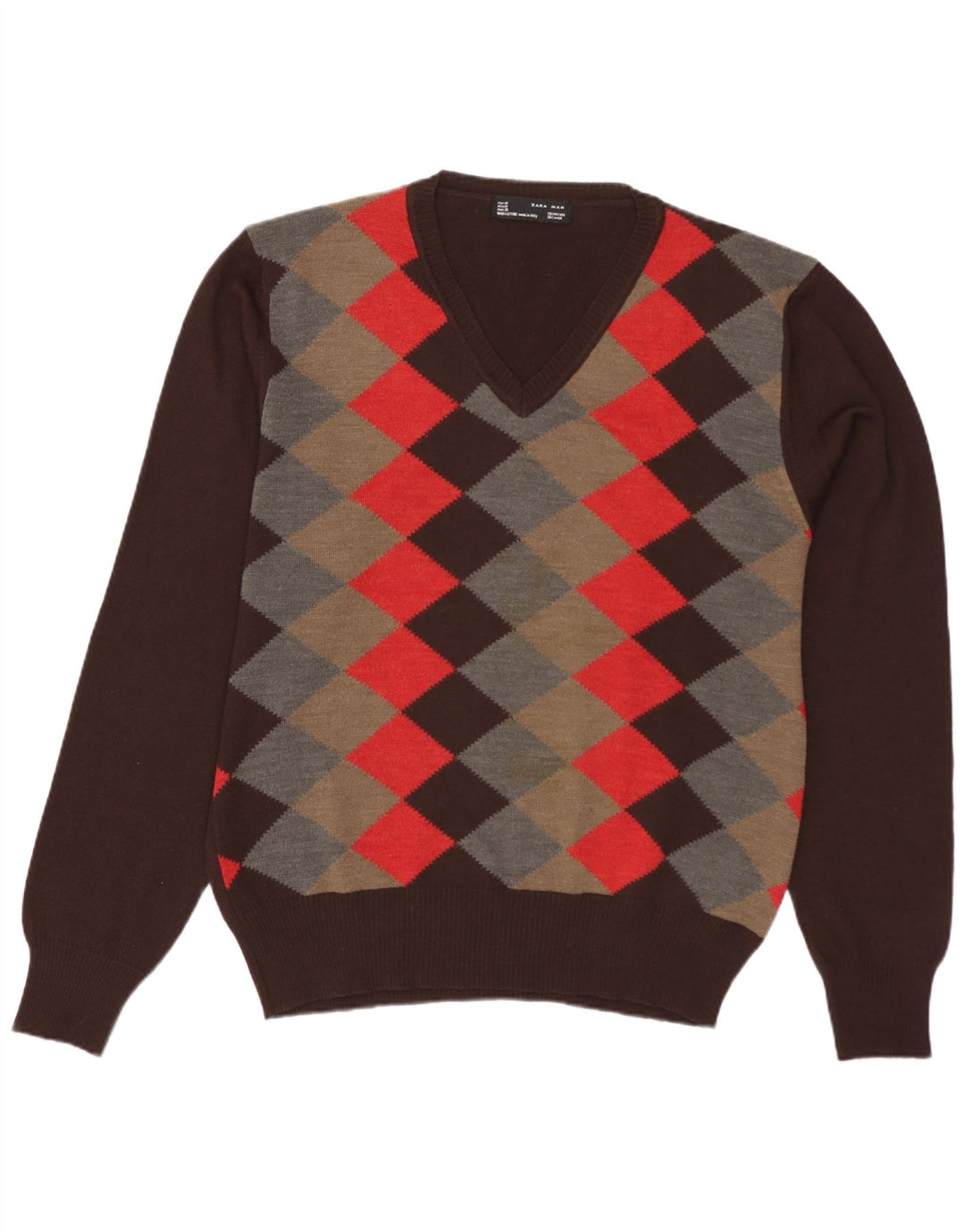 Zara Herre V-hals sweater Medium Brun Argyle/Diamond