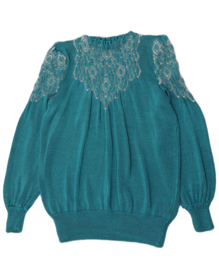 Vintage kvinders abstrakt mønster rund hals sweater UK 14 stor blå