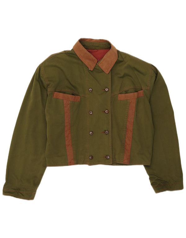 Vintage Dame Crop Bomber Jacket UK 16 Large Khaki Colourblock Bomuld