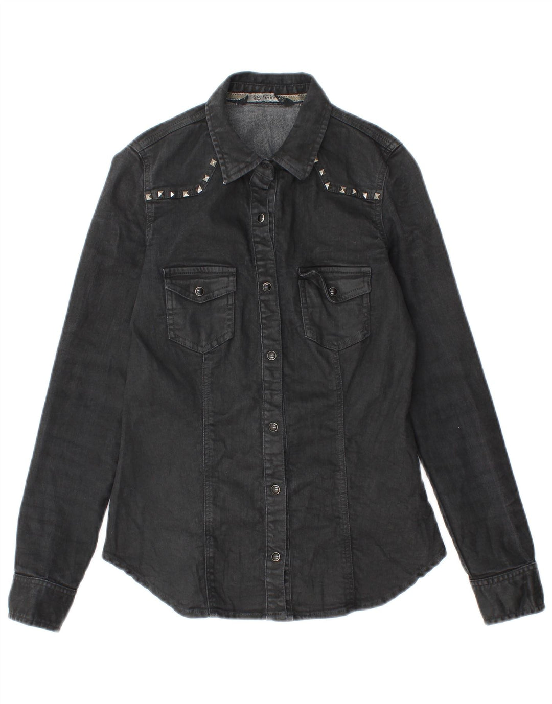 Zara Dame Denim Shirt UK 10 Small Black Bomuld