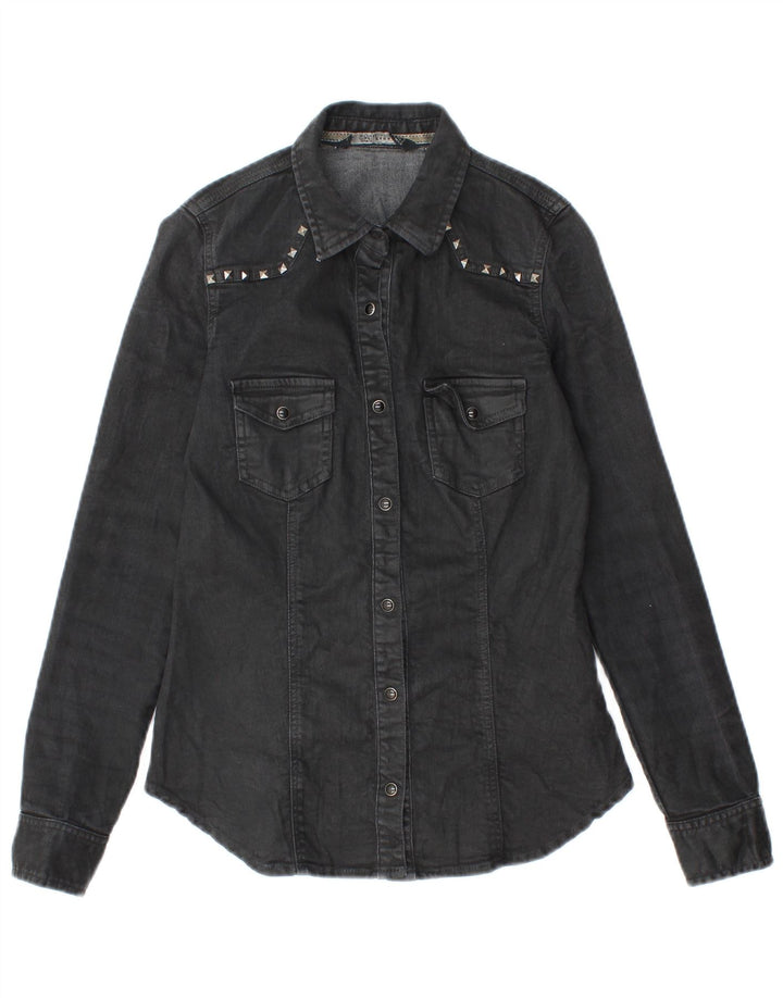 Zara Dame Denim Shirt UK 10 Small Black Bomuld