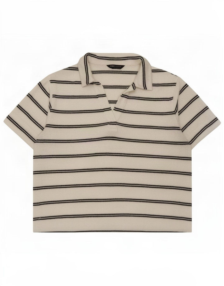 Marks & Spencer Dame Polo Shirt UK 14 Stor hvid stribet polyester
