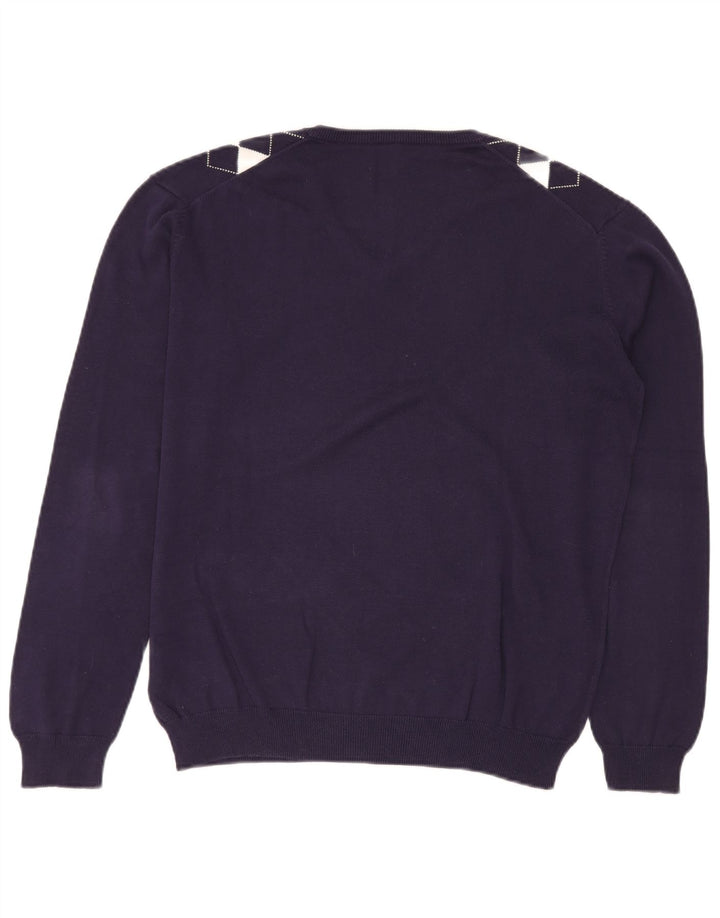 VINTAGE Herre V-hals sweater Medium Navy Blue Argyle/Diamond Bomuld