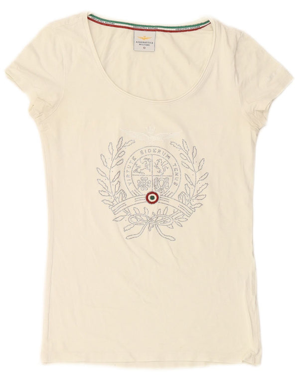 AERONAUTICA MILITARE Grafisk T-shirt top til kvinder UK 10 Lille hvid bomuld