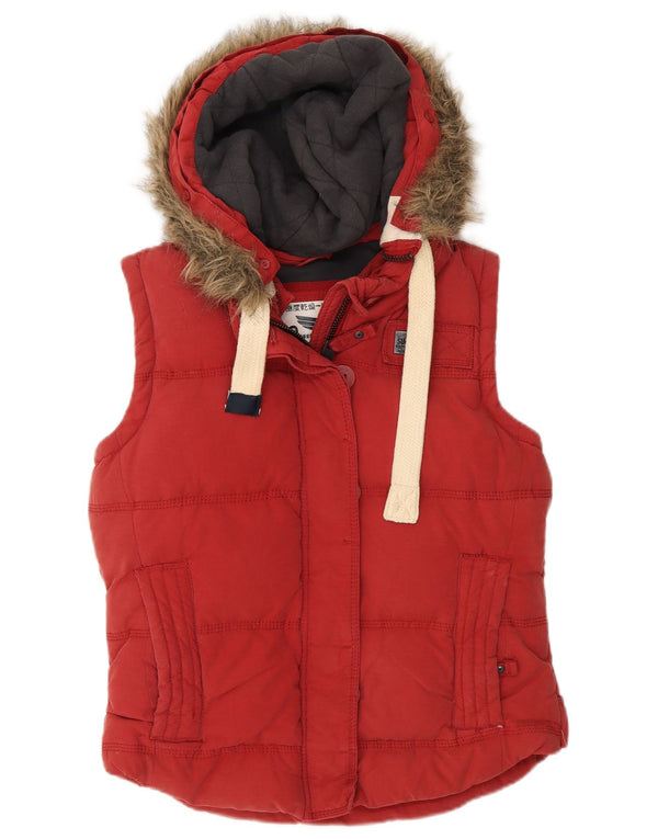 Superdry Dame Hætte Polstret Gilet UK 14 Medium Rød Bomuld